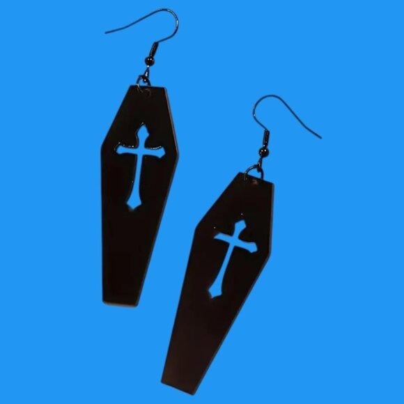 Unbranded Jewelry - Coffin Shaped w/ Cross Earrings Black Acrylic Dangle Halloween Goth Gothic New